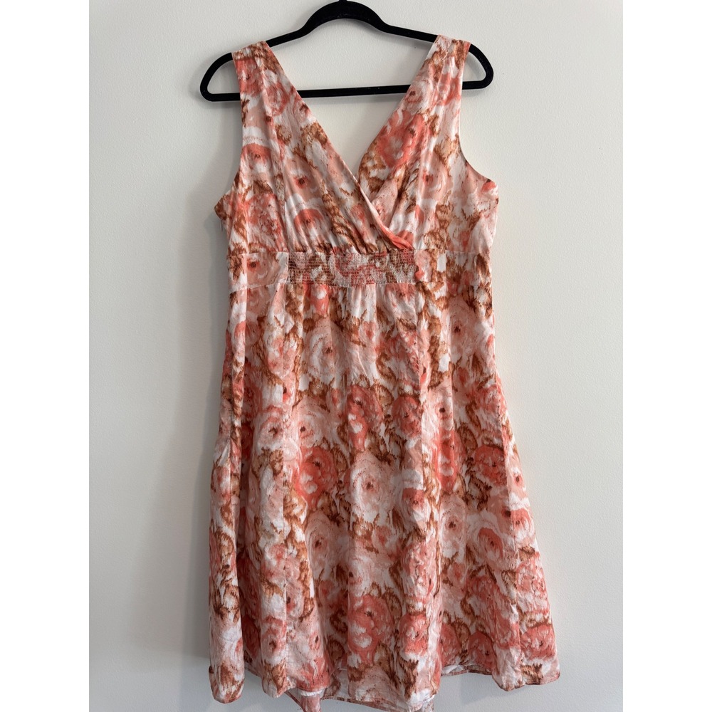 Lands End Floral Sleeveless Empire Waist Dress Womens 16 Coral Abstract Print